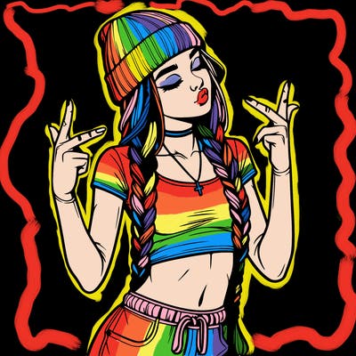 realistic teenage girl with braids and a beanie and crop top doing 🫶🏼