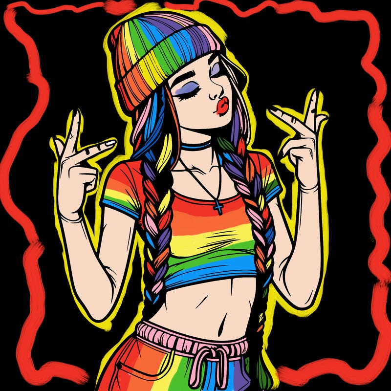 realistic teenage girl with braids and a beanie and crop top doing 🫶🏼