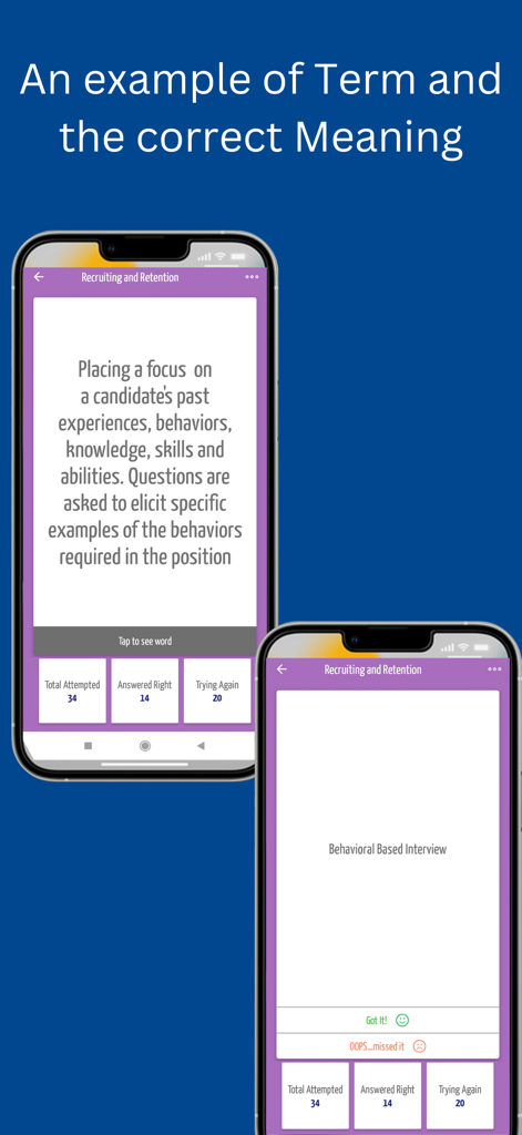 HR Cards: HRCI SHRM Exam Prep - HR Cards app interface showing flashcards with definitions and terms for HR certification exam preparation.