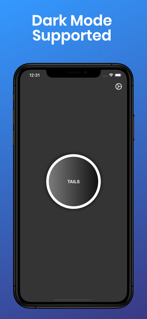 Coin Flip CT - Smartphone displaying Coin Flip CT app in dark mode with a tails result on screen