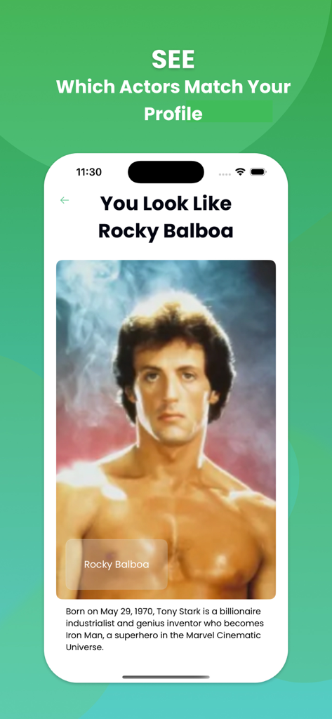 Tela do aplicativo Movie Boxes mostrando o recurso sósia de estrela com um resultado para Rocky Balboa