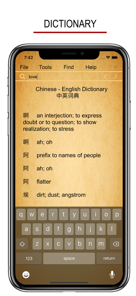 A smartphone displaying a Chinese-English dictionary search interface with character definitions on a parchment background.