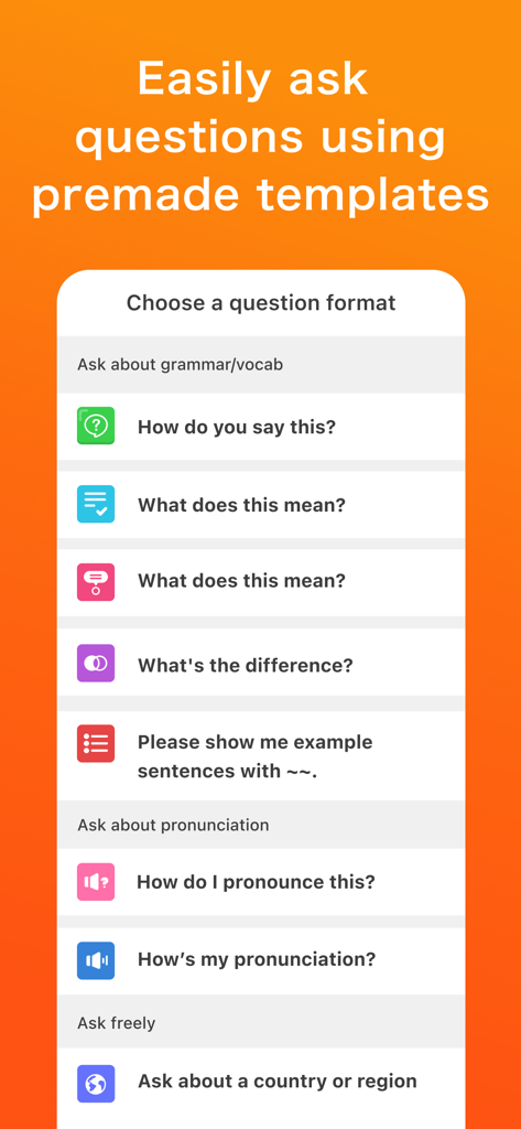 HiNative - Language Learning - HiNativeモバイルアプリのインターフェースで、文法と発音のための言語学習質問テンプレートが表示されています