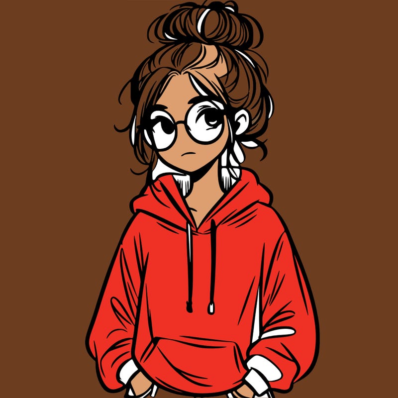 teen girl with a messy bun and glasses wearing a loose hoodie and jeans