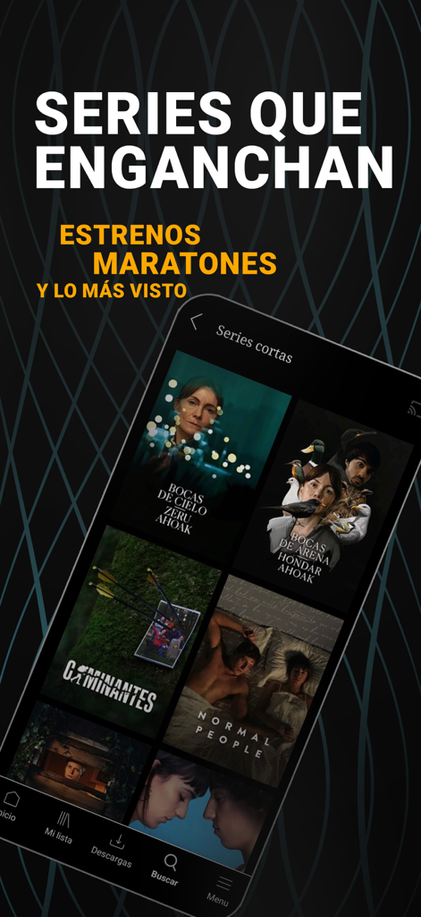 Écran mobile de l'application RTVE Play montrant des séries courtes addictives et des premières