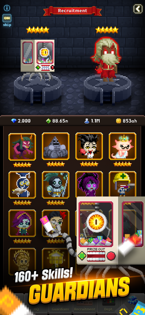 Recruitment screen in Videogame Guardians showing various pixel art characters and a claw machine mechanic