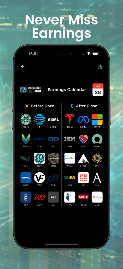 Stock Score - Calendario de ganancias de la aplicación móvil Stock Score que muestra empresas que informan antes de la apertura del mercado y después del cierre del mercado