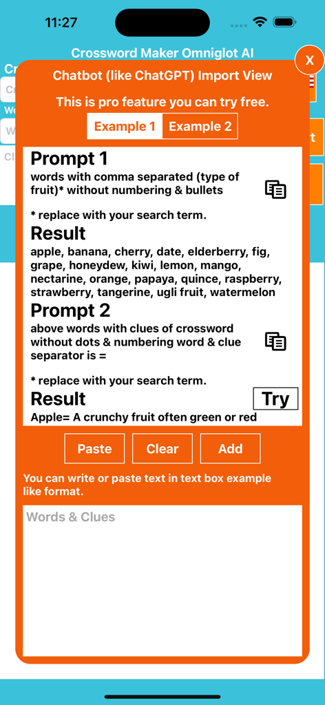 Crossword Maker Omniglot - Interface of Crossword Maker Omniglot showing the AI chatbot import feature for creating word lists and clues.