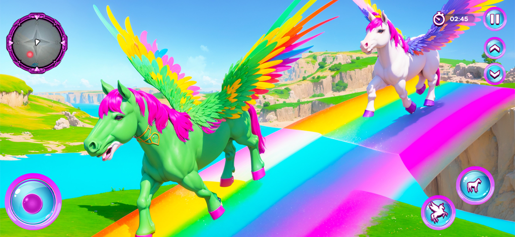 Pony Tales: Magical Realm - Two colorful winged unicorns walking across a rainbow path in a magical landscape.