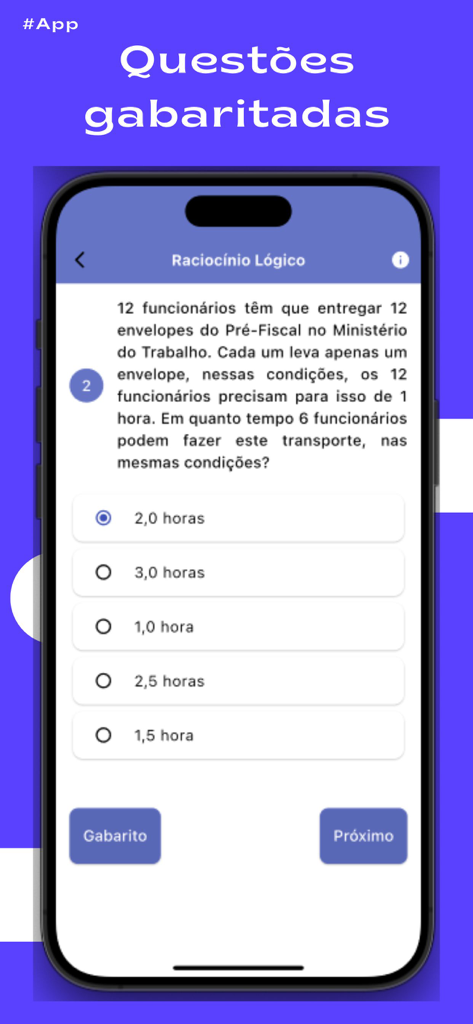 Português Concursos - Una pantalla móvil de la app Português Concursos mostrando una pregunta de razonamiento lógico con opciones de respuesta múltiple.