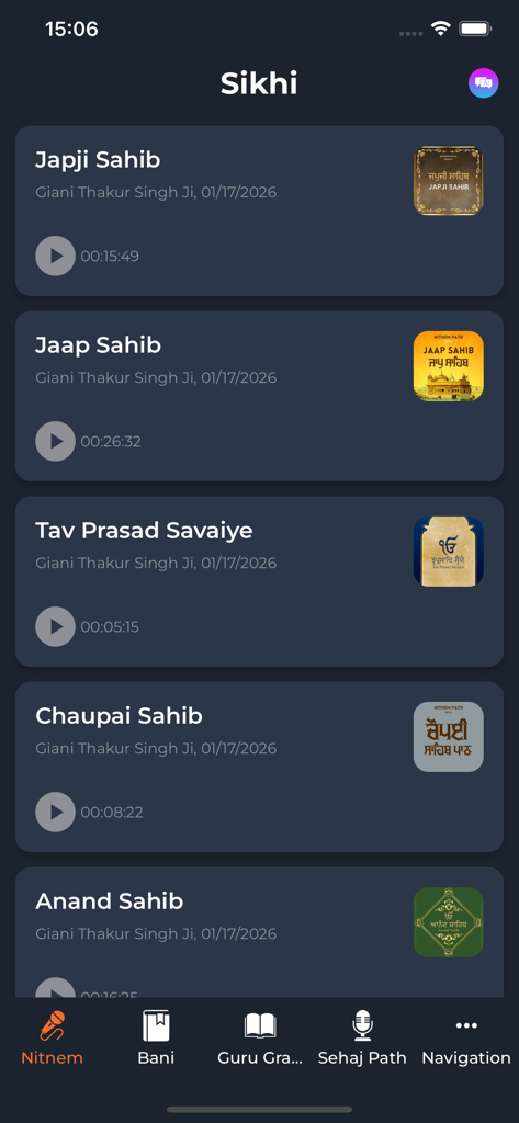SIKHI - Interface do aplicativo SIKHI exibindo orações em áudio para Nitnem, incluindo Japji Sahib e Jaap Sahib.