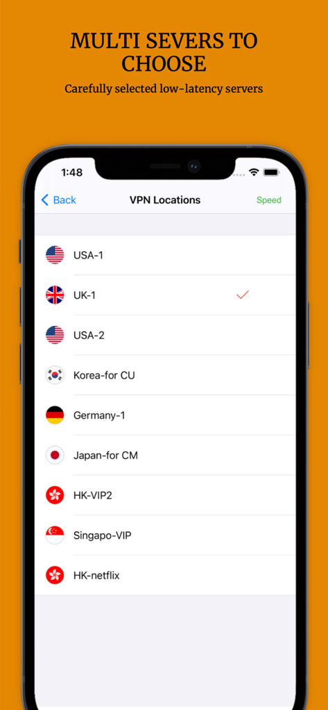 Screenshot of VPN 365 app showing a list of international server locations like USA UK and Germany