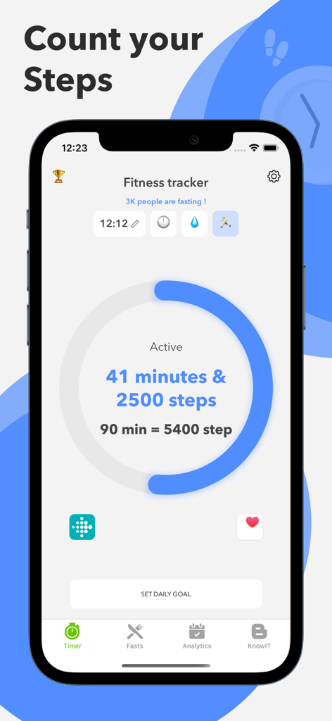 Fast: Intermittent Fasting App - Interfaz de la app Fast de ayuno intermitente mostrando un contador de pasos y objetivos de actividad.