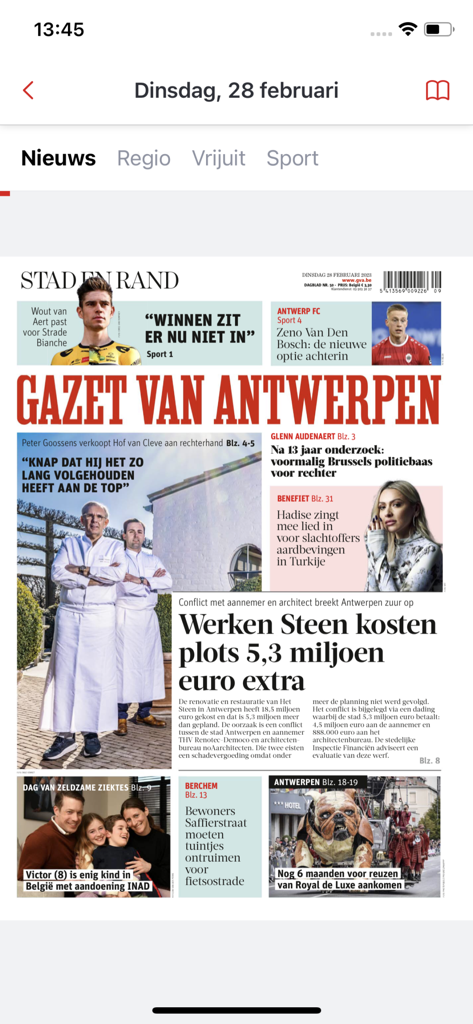 Gazet van Antwerpen - The digital front page of the Gazet van Antwerpen news app showing Dutch headlines and articles.
