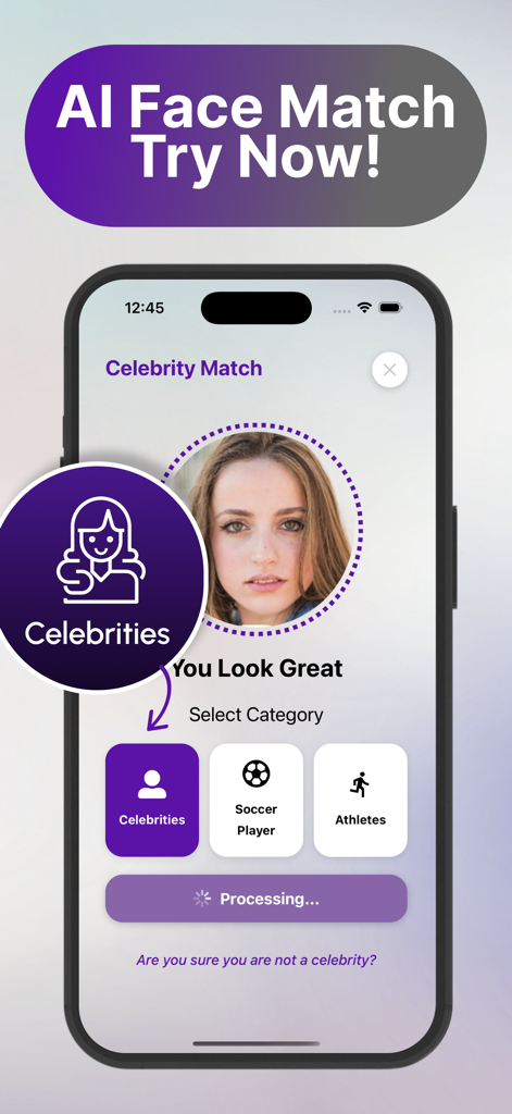 Your Famous Twin - Celebity - AI face matching interface in the Celebity app featuring a selfie scan and category selection for celebrity lookalikes.