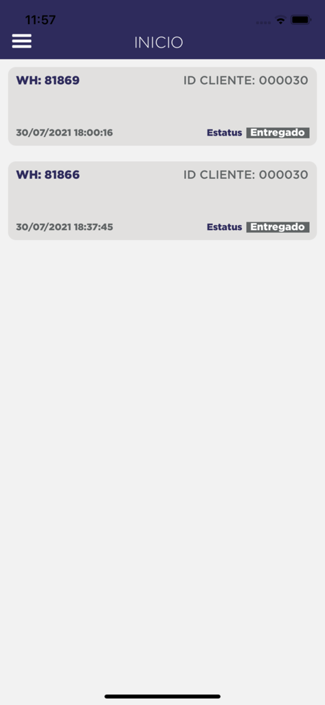 Screenshot of the Optima Cargo app home screen showing a list of delivered shipments with warehouse receipts and status