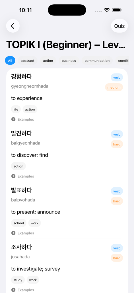Screenshot of the TOPIK app showing a list of beginner Korean verbs with English translations and difficulty levels.
