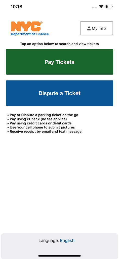 NYC Pay or Dispute - Home screen of the NYC Pay or Dispute app featuring buttons to Pay Tickets and Dispute a Ticket