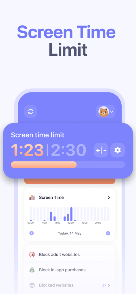 Parental Control App - Kidsee - Kidsee app dashboard displaying screen time limits, daily usage statistics graph, and website blocking controls.