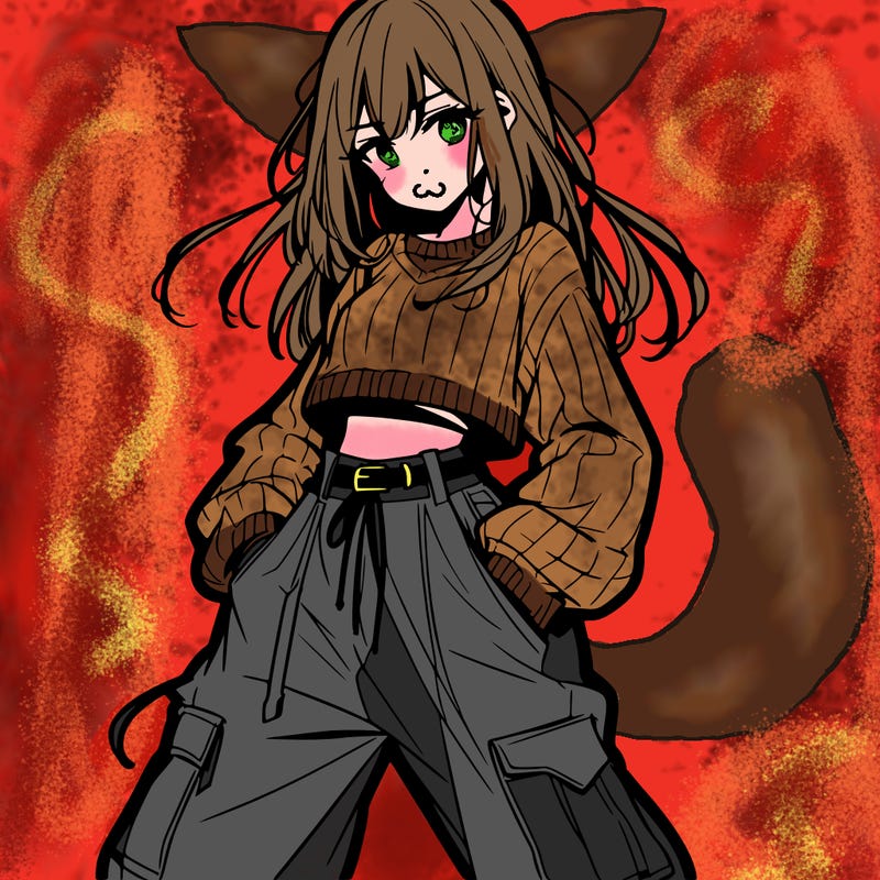 anime teen girl with baggy pants and crop top with sweater