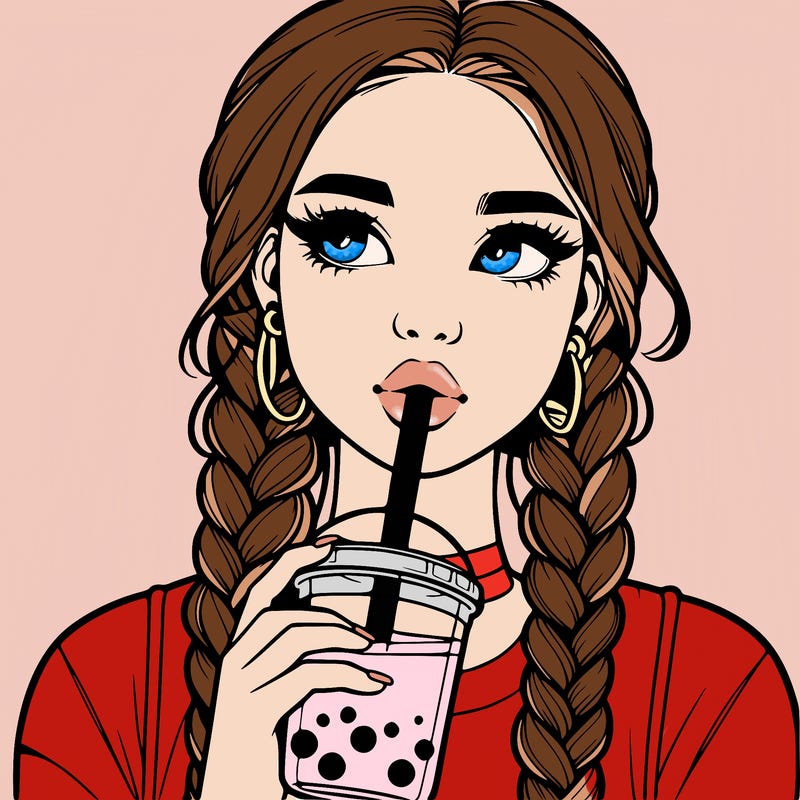 realistic girl with braided hair drinking boba