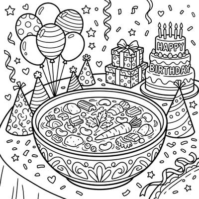 Celebrate a unique birthday with this delightful coloring page featuring a hearty bowl of minestrone soup surrounded by festive party decorations. Perfect for foodies and party-lovers alike, this scene invites you to add a splash of color to a joyful celebration.