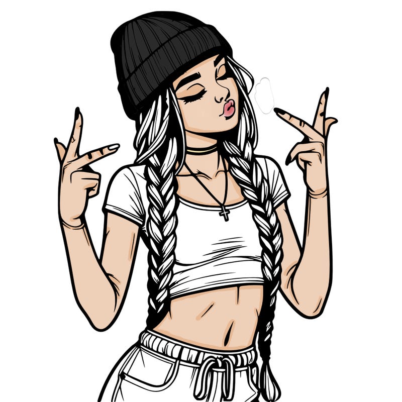 realistic teenage girl with braids and a beanie and crop top doing 🫶🏼