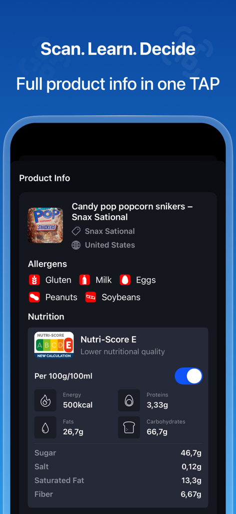 QR & Barcode AI Reader - Captura de pantalla de la aplicación Lector IA de Códigos QR y Barras que muestra datos nutricionales detallados y advertencias de alérgenos para un producto de snack escaneado.