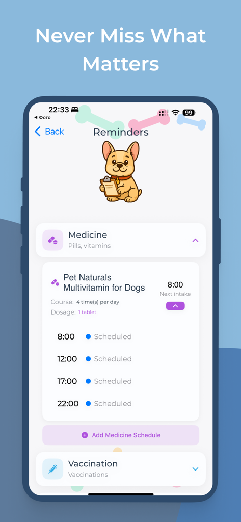 DogCare: AI Pet Health Tracker - DogCare app Reminders screen showing a daily medication schedule for a dog