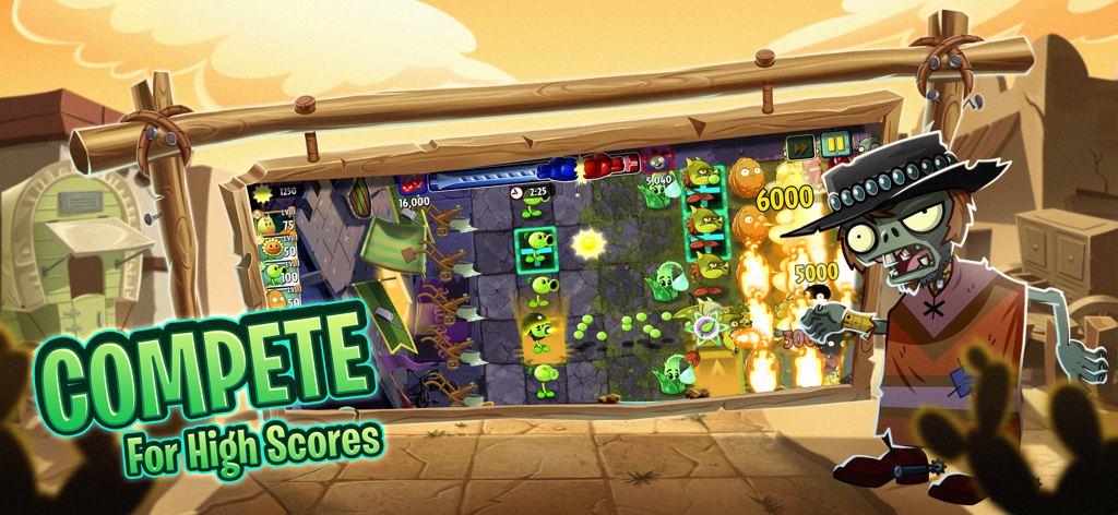 Uno screenshot della modalità Arena di Plants vs. Zombies 2 che mostra piante che difendono un prato in un livello a tema western contro uno zombie con un poncho.