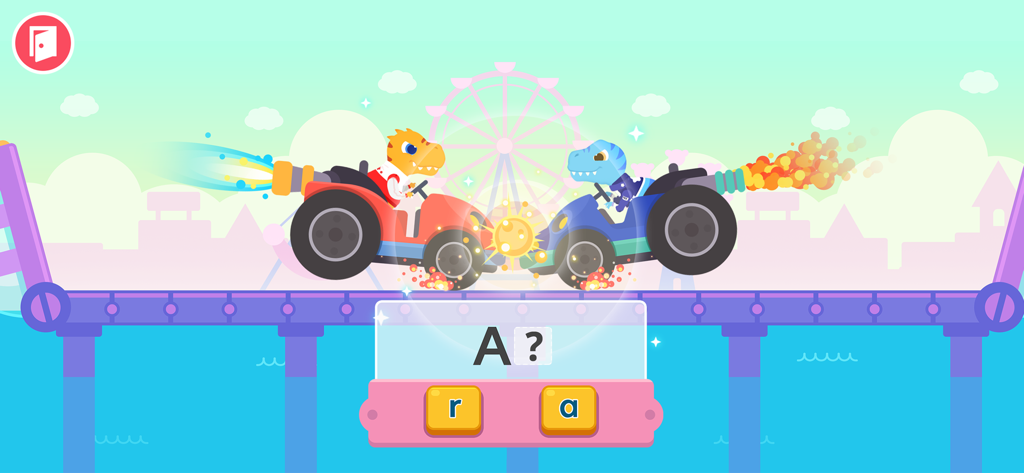 Deux dinosaures en voitures tamponneuses jouent à un jeu d'association de l'alphabet dans un parc d'attractions virtuel