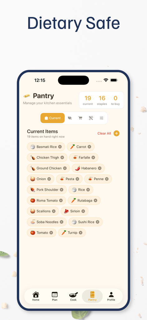 Butter app pantry screen showing a list of current kitchen ingredients like rice chicken and vegetables