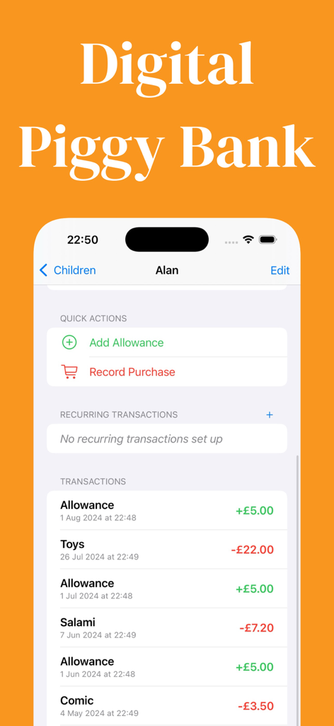 Allowance Tracker - Acorn - Pantalla de la app Acorn para rastrear la paga de un niño y las compras registradas