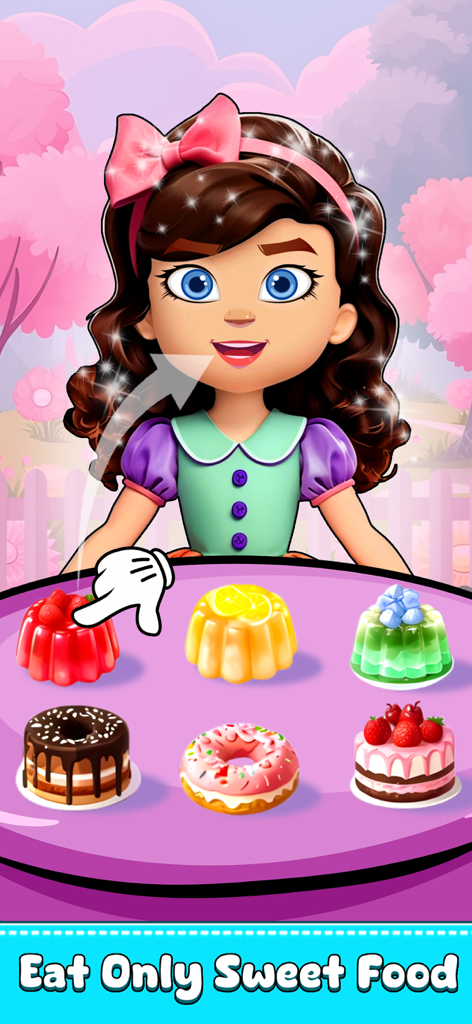 Eating Food Games: ASMR Games - Una chica de dibujos animados siendo alimentada con gelatinas y pasteles coloridos en un estilo de juego mukbang