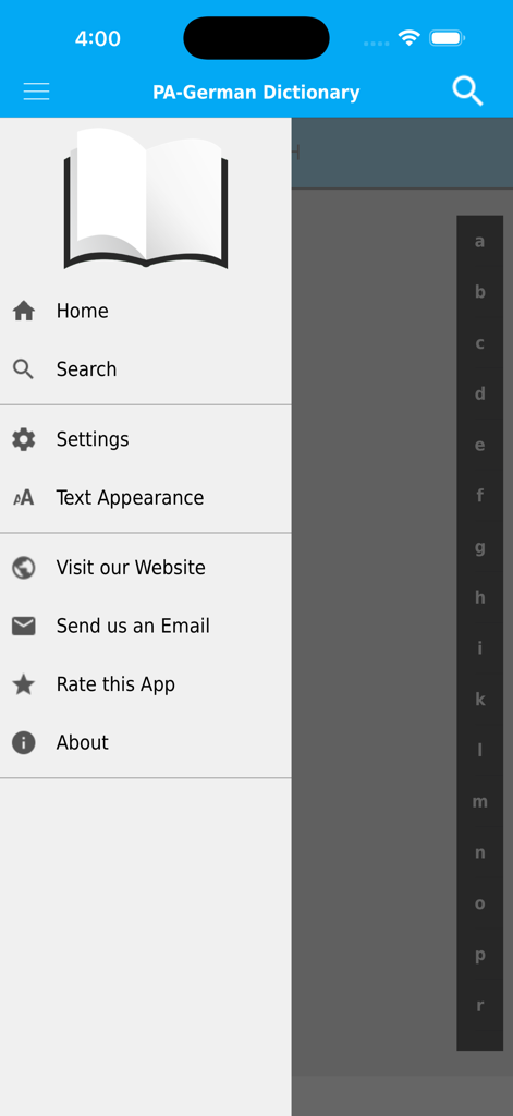 PA-German Dictionary - Le menu de navigation latéral de l'application Dictionnaire PA-Allemand proposant des liens vers l'accueil, la recherche, les paramètres et l'apparence du texte.