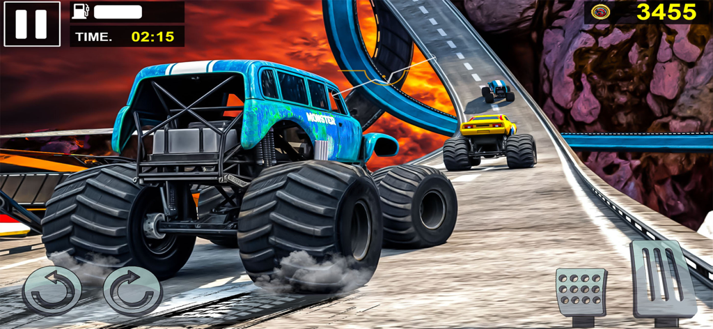 Monster Truck 4x4: Offroad MTD - Blue monster truck racing on an elevated track with a loop against a dramatic sunset background
