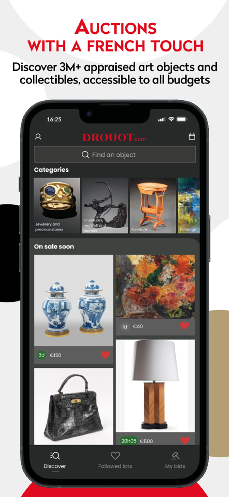 Drouot app screen displaying art and luxury collectibles for auction with a French touch.