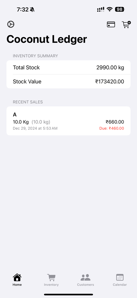 coconutLedgerAssistant - Pantalla de inicio de la aplicación Coconut Ledger Assistant que muestra el resumen del inventario y las ventas recientes
