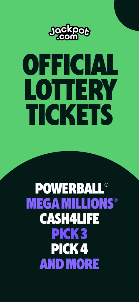 Promotional screen for Jackpot.com app featuring official lottery tickets for Powerball, Mega Millions, and Cash4Life.