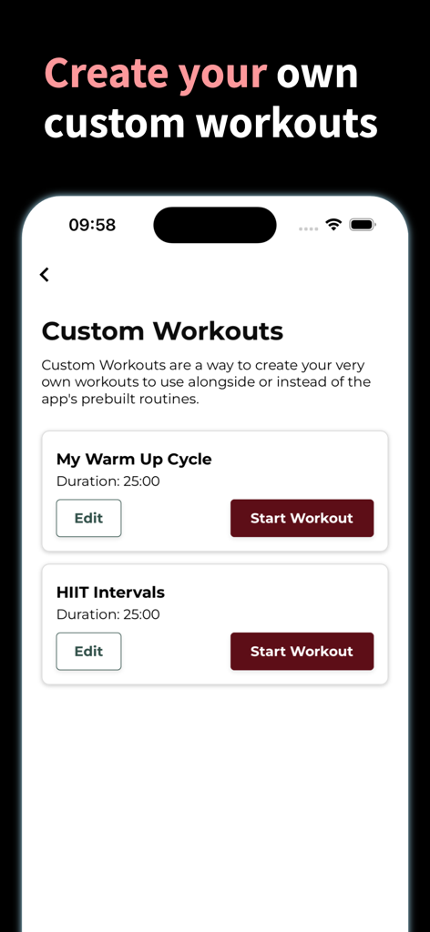 Indoor Cycling Workout app screen for creating and starting custom fitness routines like HIIT intervals