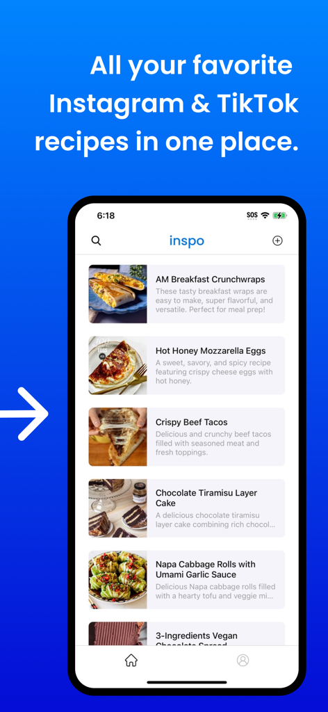 Inspo - AI Recipe Keeper - Inspo app interface showing a list of recipes saved from Instagram and TikTok