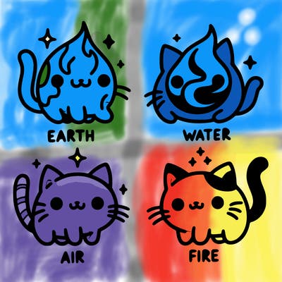 4 cats that represent the different elements, earth, water, air, and fire