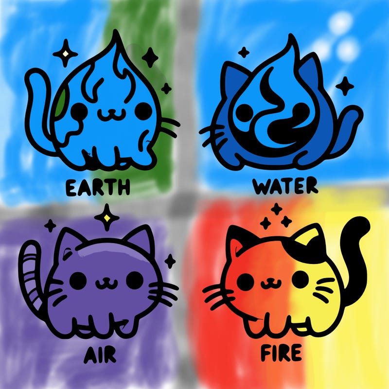 4 cats that represent the different elements, earth, water, air, and fire