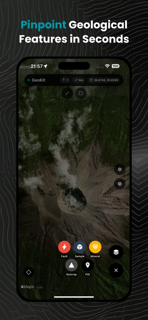 GeoKit: Geology Toolkit - GeoKit app interface showing a satellite map with geological markers for fault, sample, mineral, and outcrop mapping.