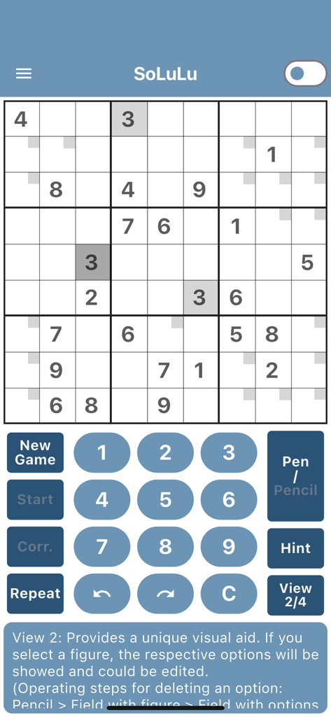 SoLuLu - SoLuLu app interface showing a Sudoku grid with visual assistance highlighting relevant fields