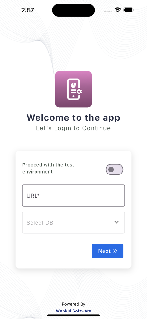 Odoo Mobile App Wrapper - Schermata di login di Odoo Mobile App Wrapper che mostra l'input dell'URL e il menu a discesa per la selezione del database