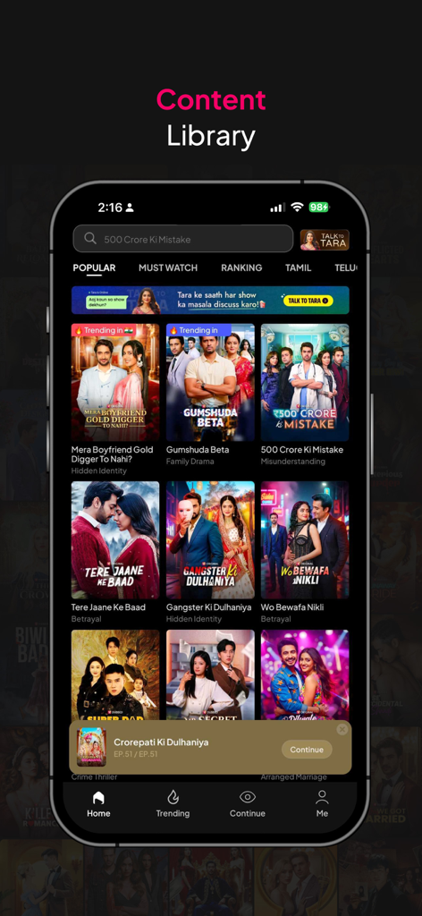 Mobile interface of Viralo TV content library displaying various popular Hindi drama series and trending shows