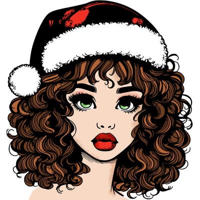 realistic girl with a santa hat curly hair and lips