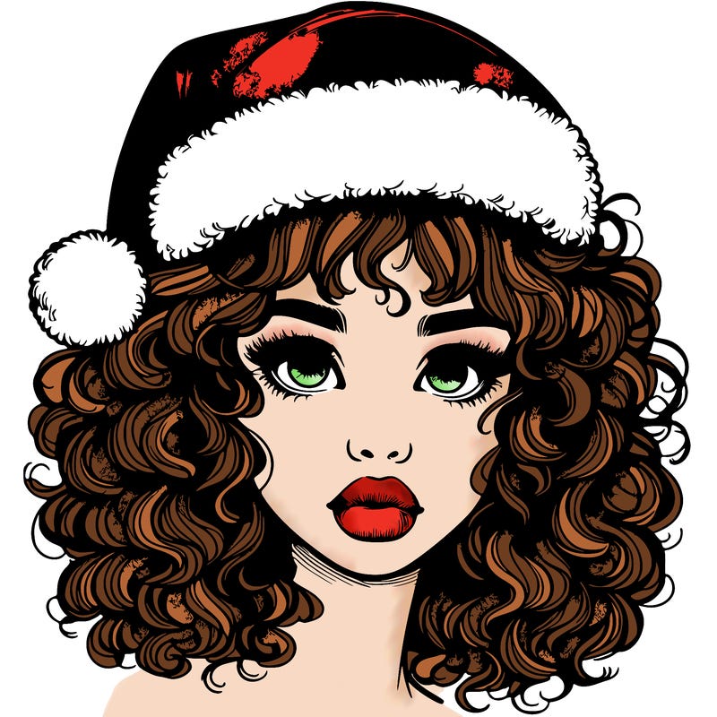 realistic girl with a santa hat curly hair and lips