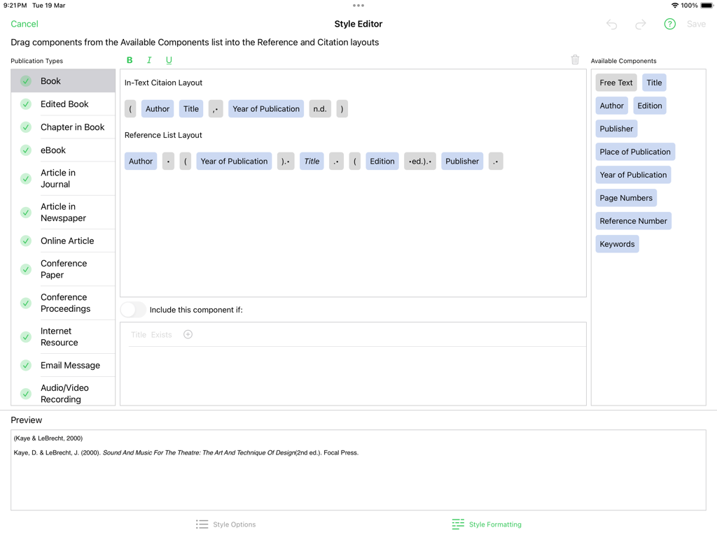 Reference Tracker - A screenshot of the Reference Tracker Style Editor showing citation and reference list layout customization on an iPad